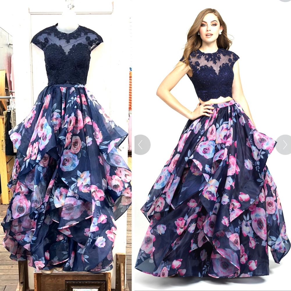 🚫SOLD! NEW! |•MADISON JAMES•| Navy Floral Print Two Piece Formal Prom Dress - Picture 1 of 12
